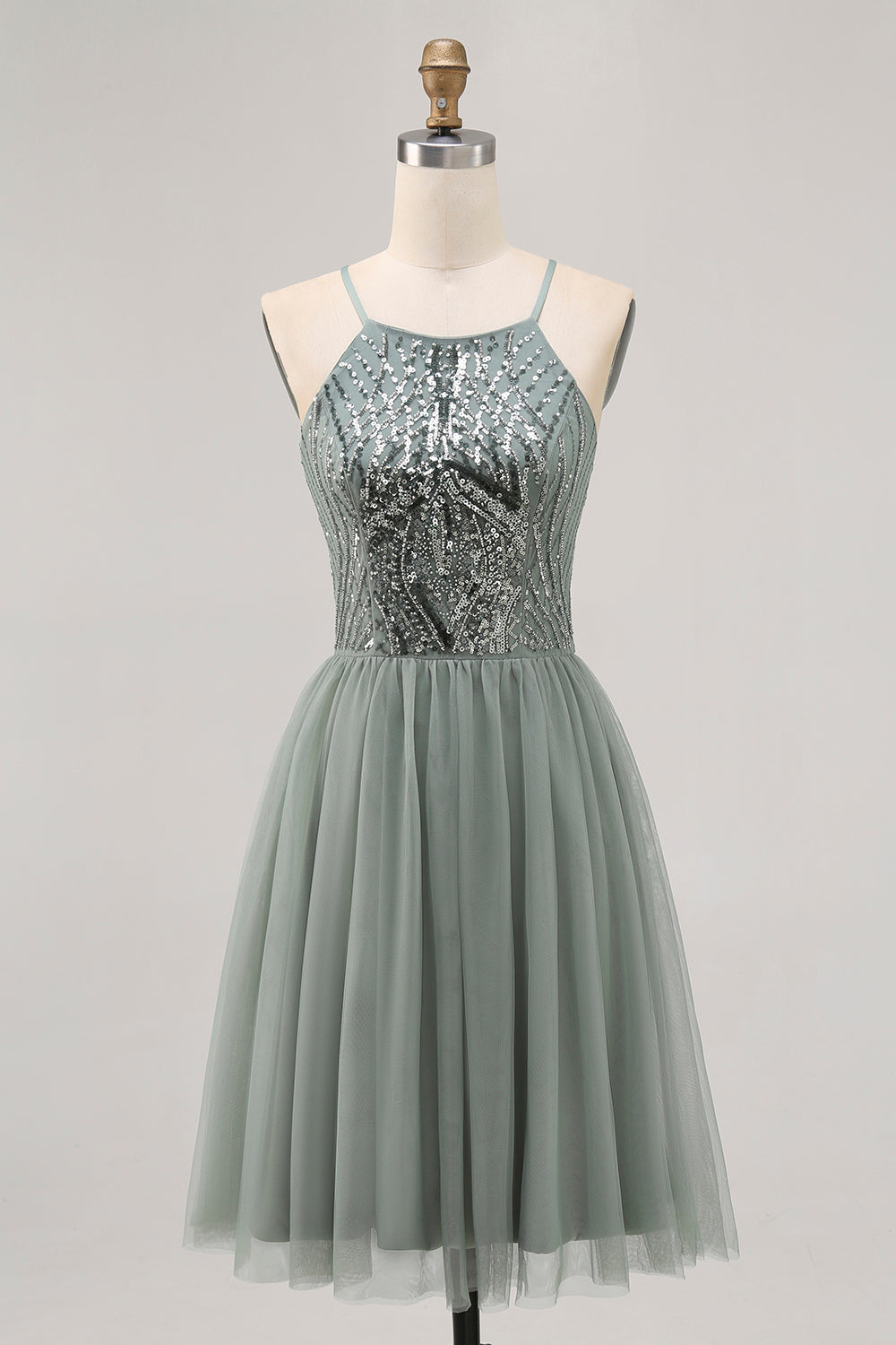Sparkly Grey Green Tulle Halter Short Homecoming Dress with Beading