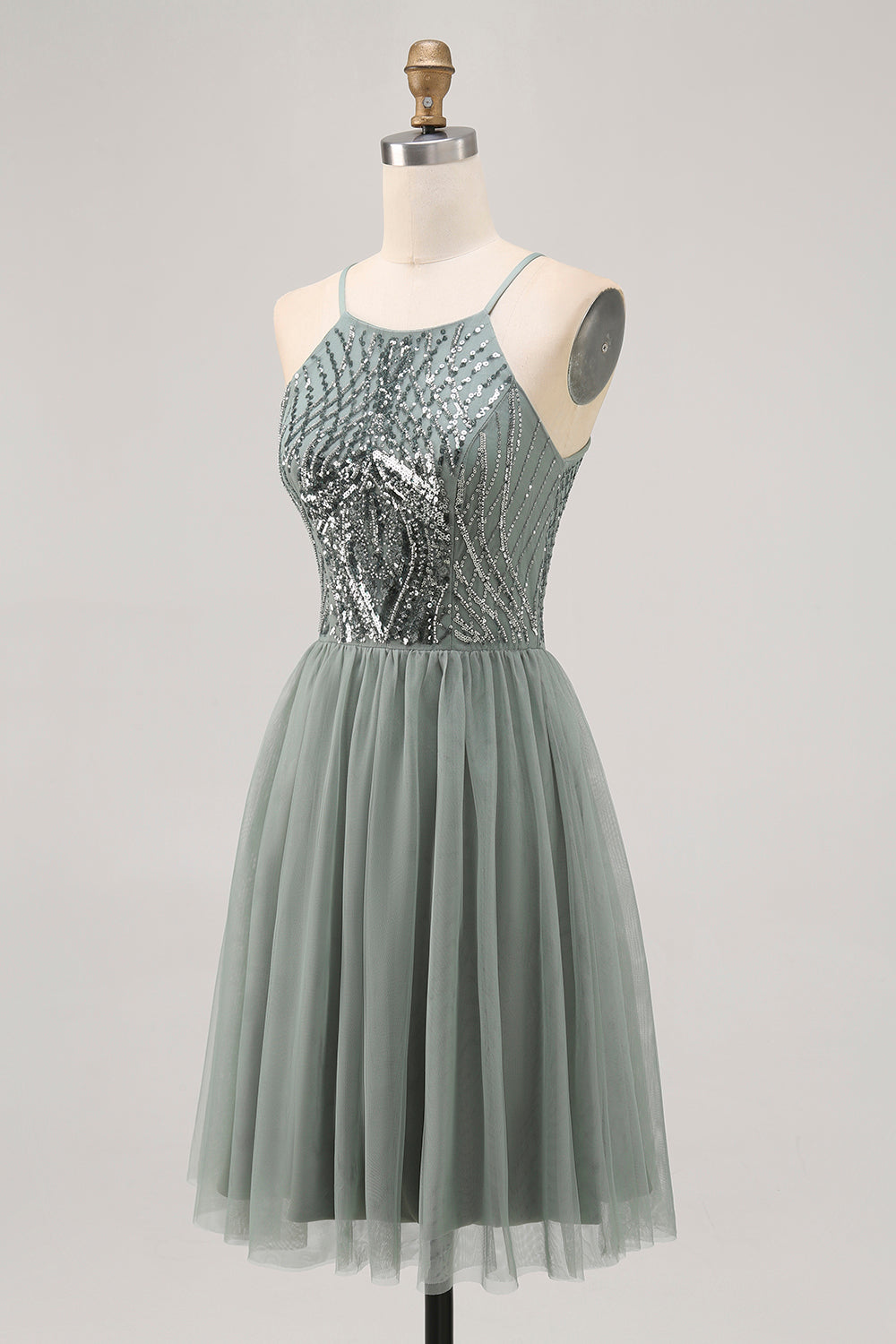 Sparkly Grey Green Tulle Halter Short Homecoming Dress with Beading