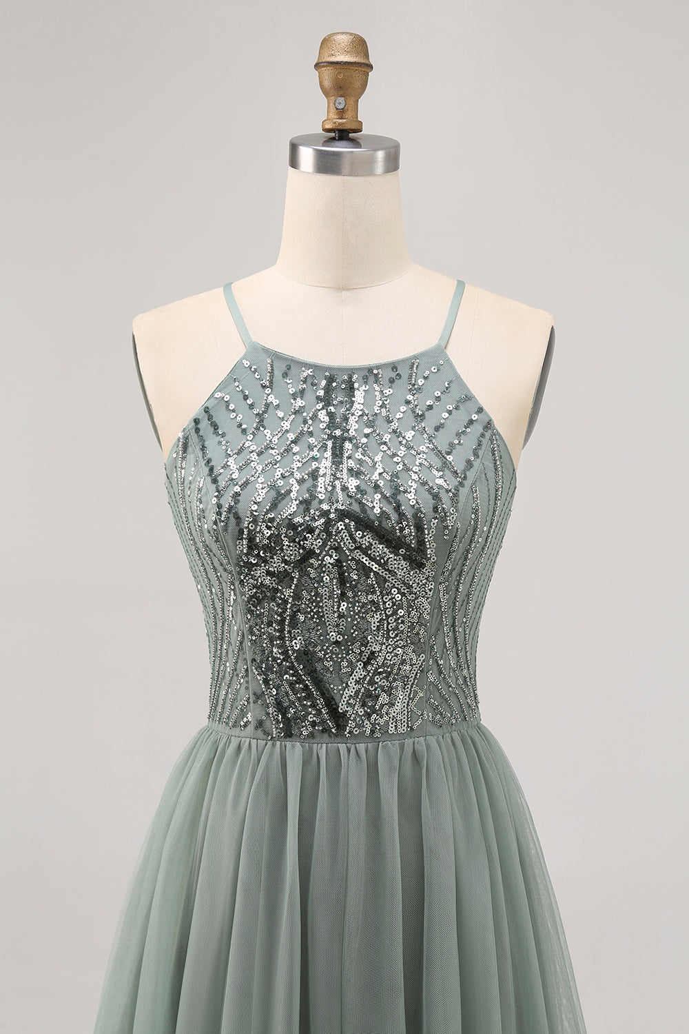 Sparkly Grey Green Tulle Halter Short Homecoming Dress with Beading