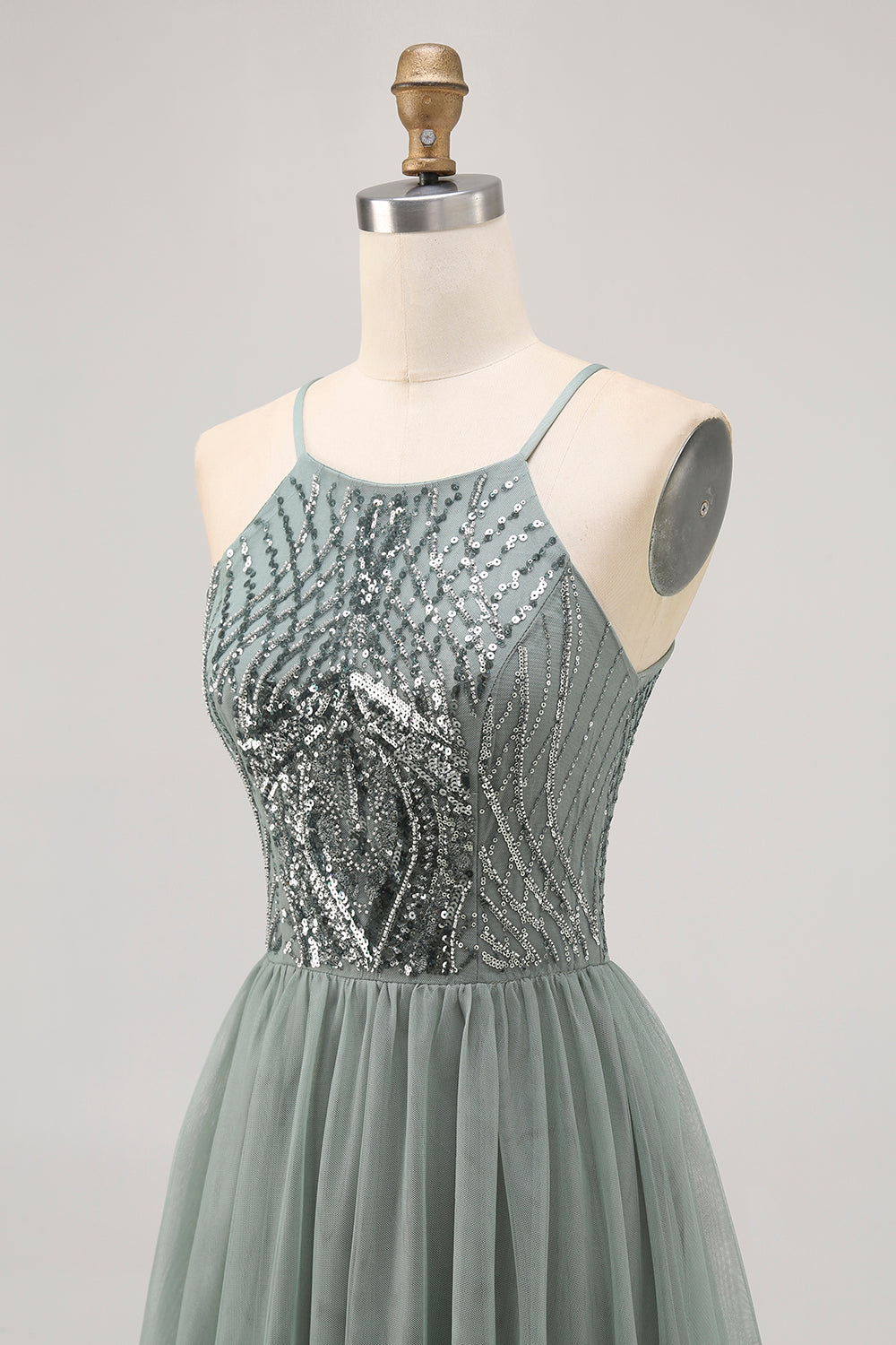 Sparkly Grey Green Tulle Halter Short Homecoming Dress with Beading