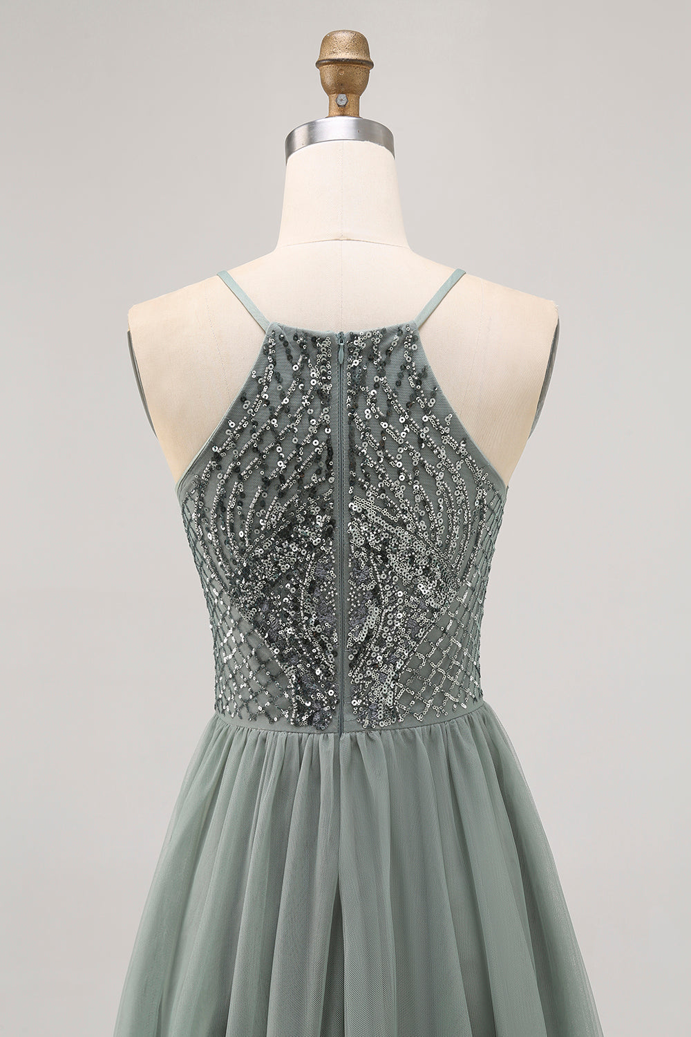 Sparkly Grey Green Tulle Halter Short Homecoming Dress with Beading
