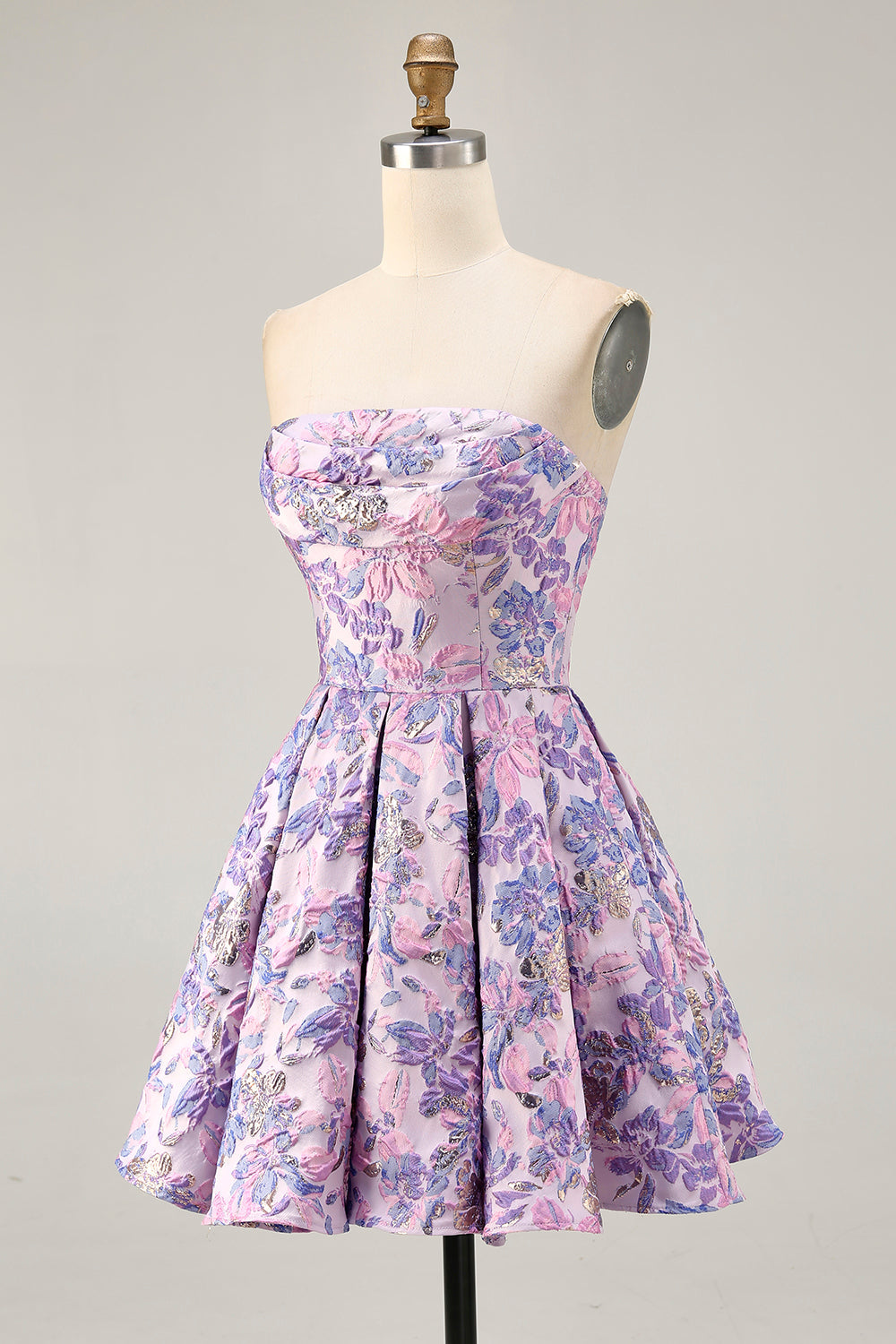 Lilac Floral Strapless Ruched Short Homecoming Dress