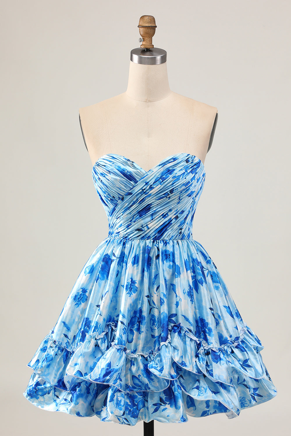 Blue Floral Sweetheart Short Homecoming Dress with Ruffles