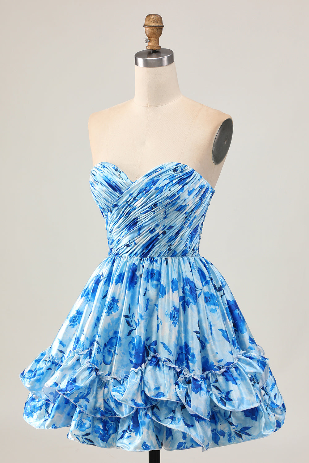 Blue Floral Sweetheart Short Homecoming Dress with Ruffles