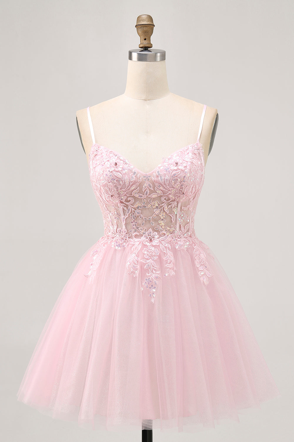 Sparkly Pink A Line Corset Short Homecoming Dress with Lace