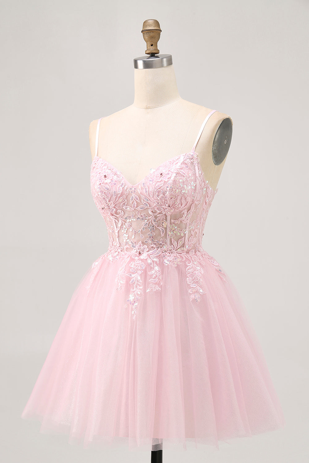 Sparkly Pink A Line Corset Short Homecoming Dress with Lace