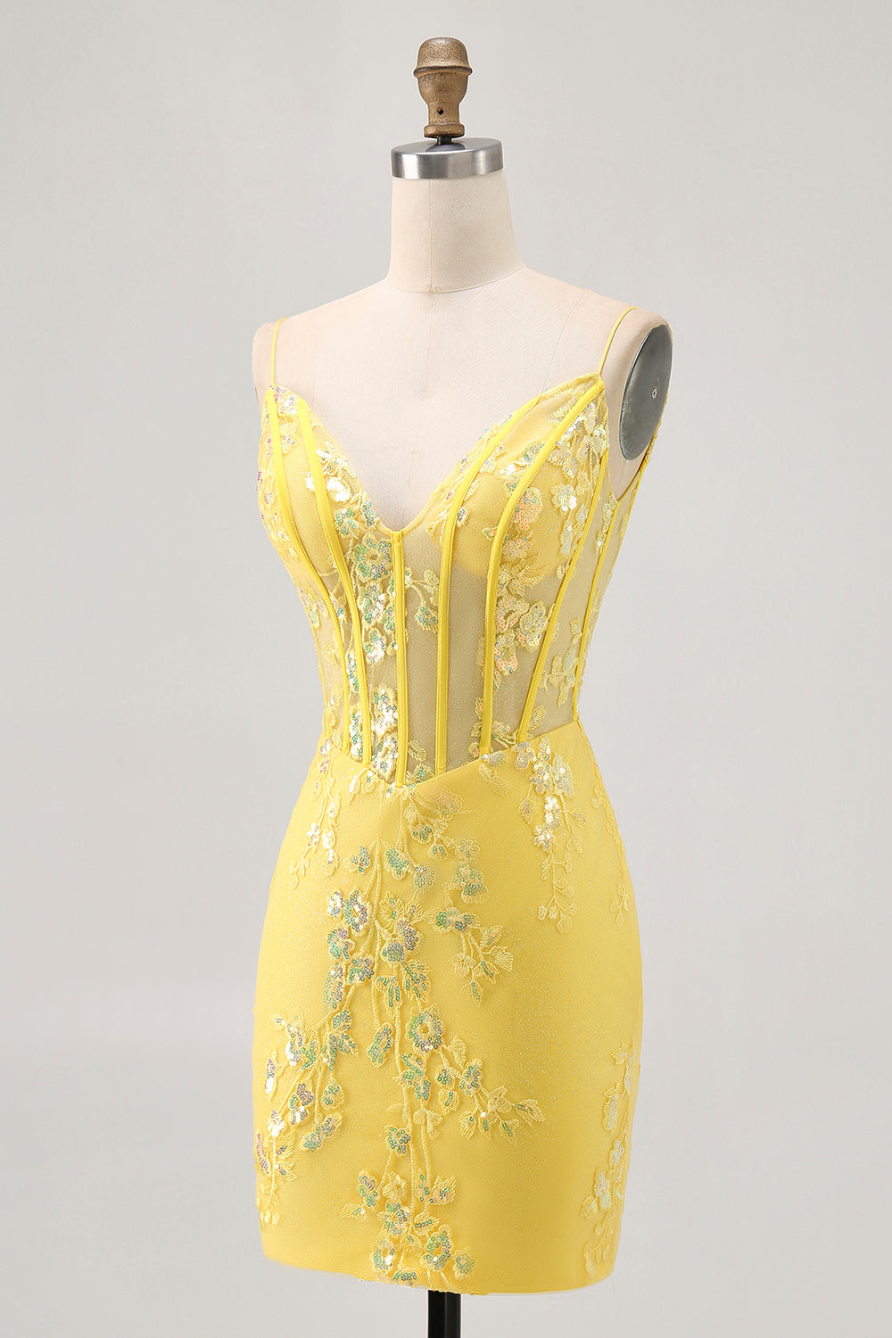 Sparkly Yellow Corset Floral Tight Short Homecoming Dress with Sequins
