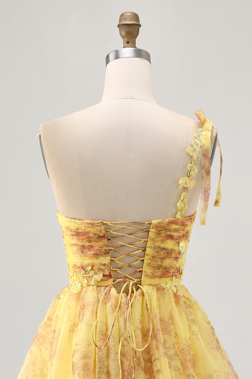 Sparkly Yellow Floral One Shoulder Short Homecoming Dress with Bow