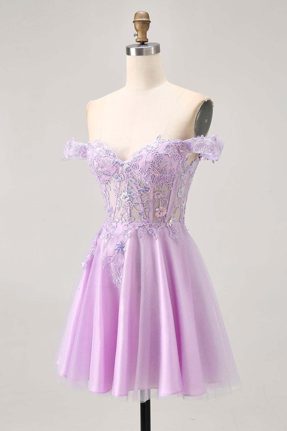 Glitter Lilac A Line Short Corset Homecoming Dress with Appliques