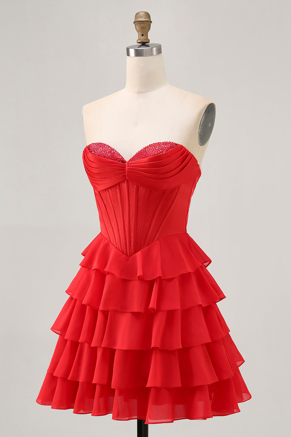 Sparkly Red Corset Short Tiered Homecoming Dress with Beading