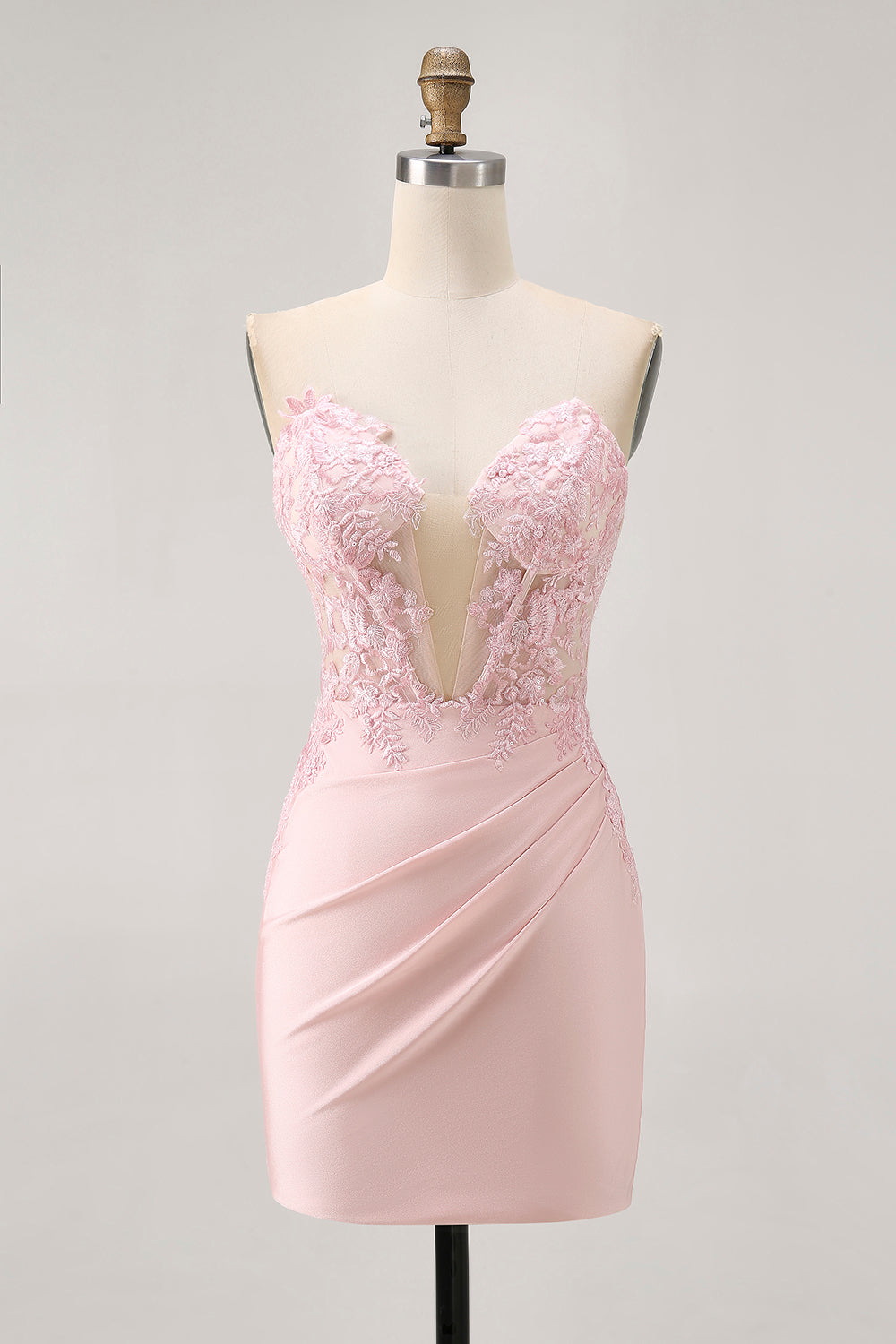 Blush Corset Tight Satin Floral Short Homecoming Dress with Lace