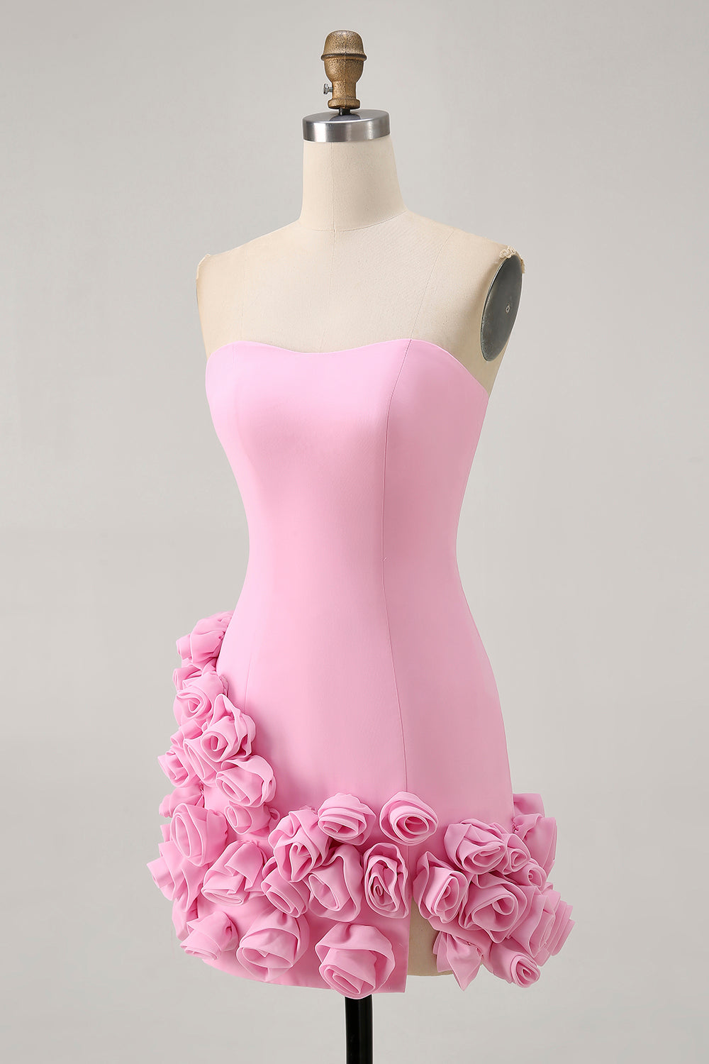Pink Strapless Satin Tight Short Homecoming Dress with 3D Flowers