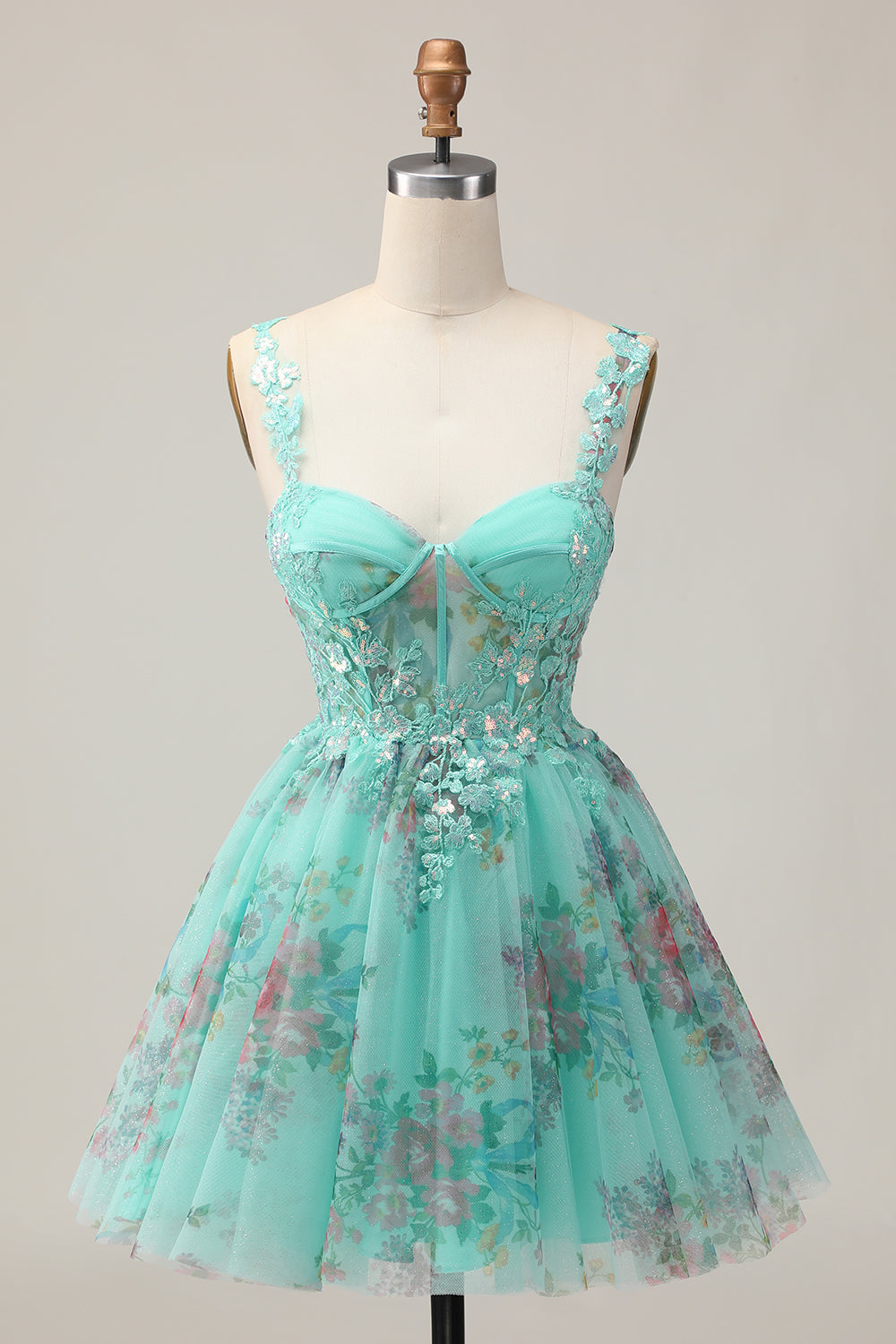 Sparkly Green Corset Floral A Line Short Homecoming Dress with Sequins
