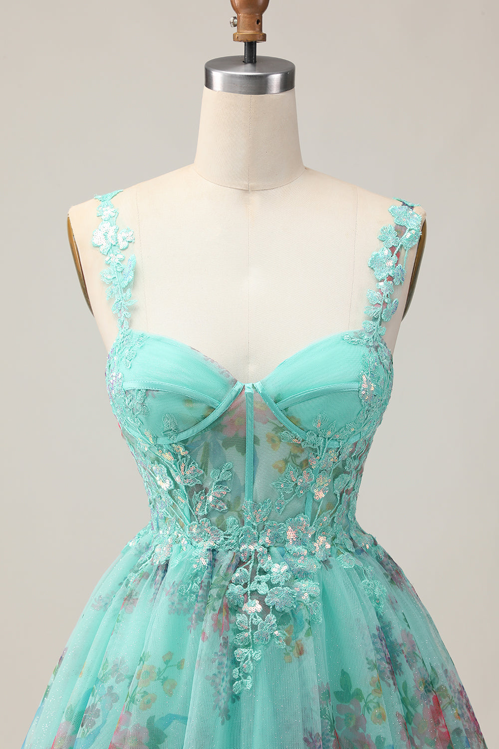 Sparkly Green Corset Floral A Line Short Homecoming Dress with Sequins