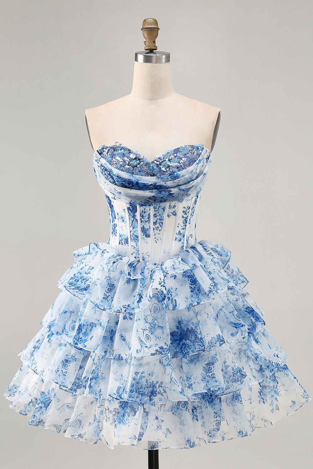 Sparkly White Blue Flower Corset A Line Short Homecoming Dress with Ruffles