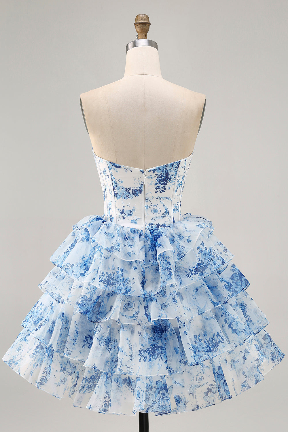 Sparkly White Blue Flower Corset A Line Short Homecoming Dress with Ruffles