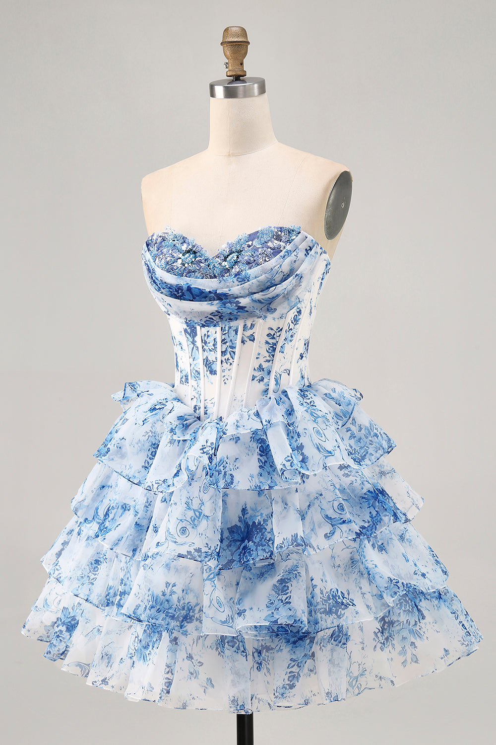 Sparkly White Blue Flower Corset A Line Short Homecoming Dress with Ruffles