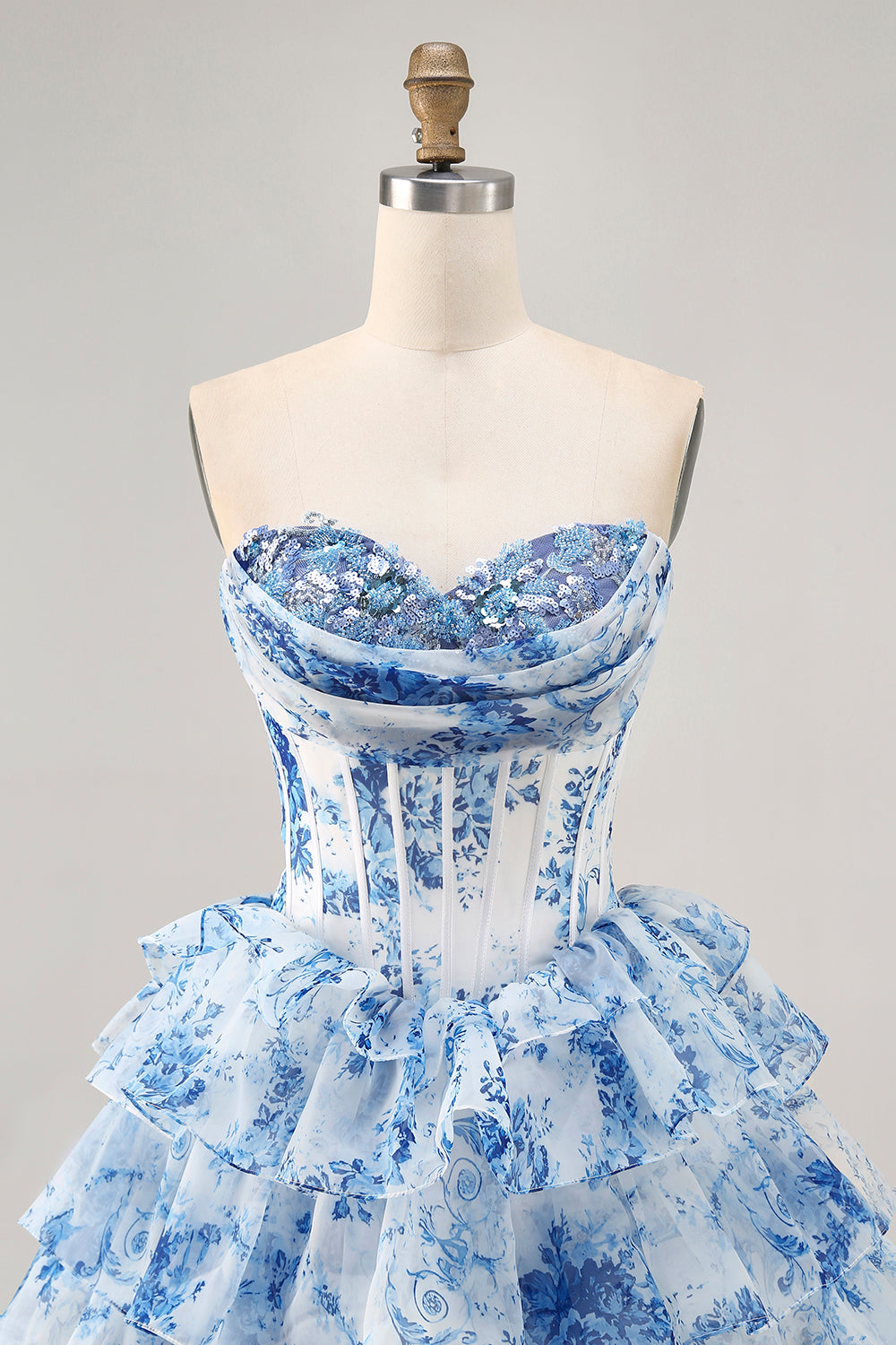 Sparkly White Blue Flower Corset A Line Short Homecoming Dress with Ruffles