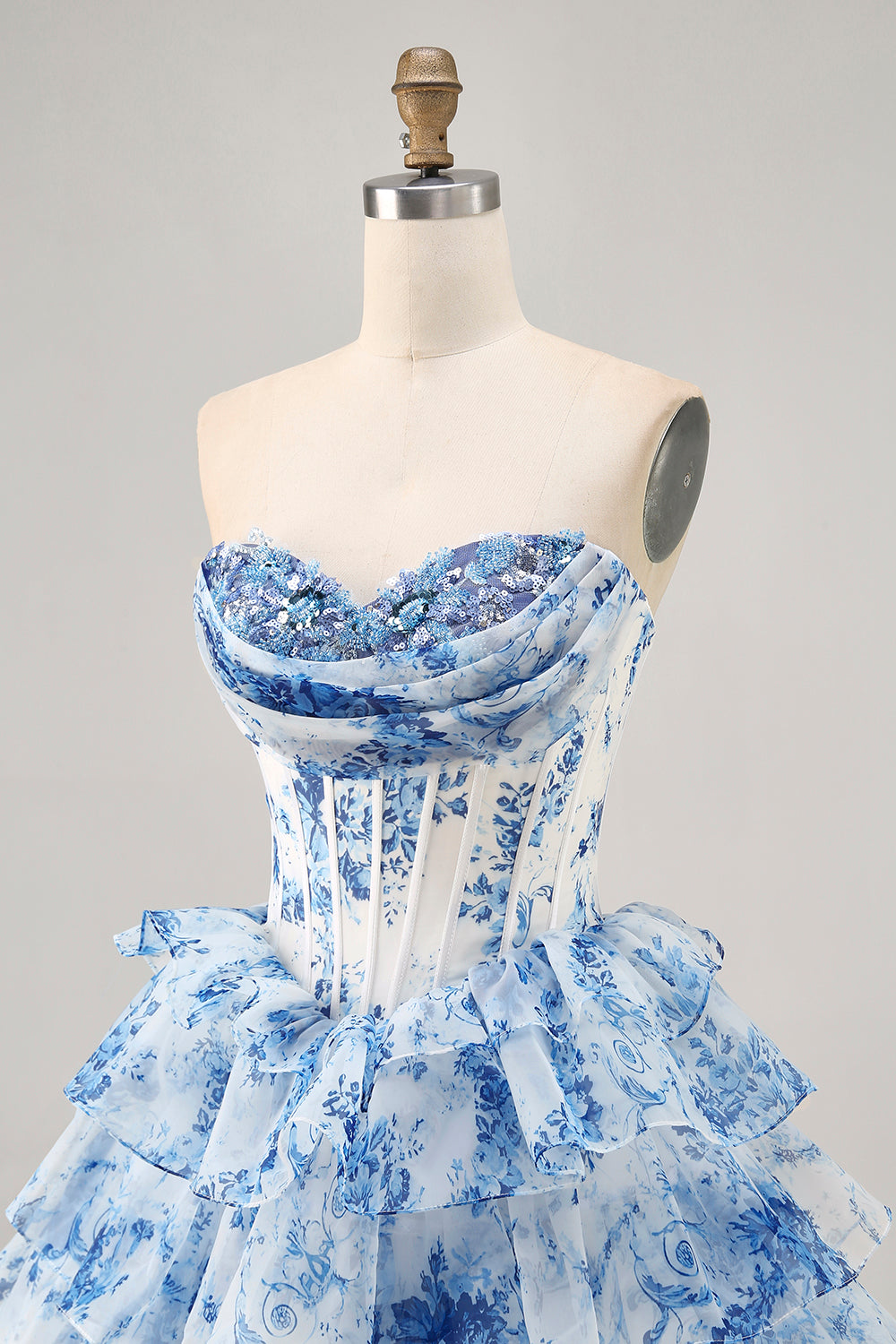 Sparkly White Blue Flower Corset A Line Short Homecoming Dress with Ruffles