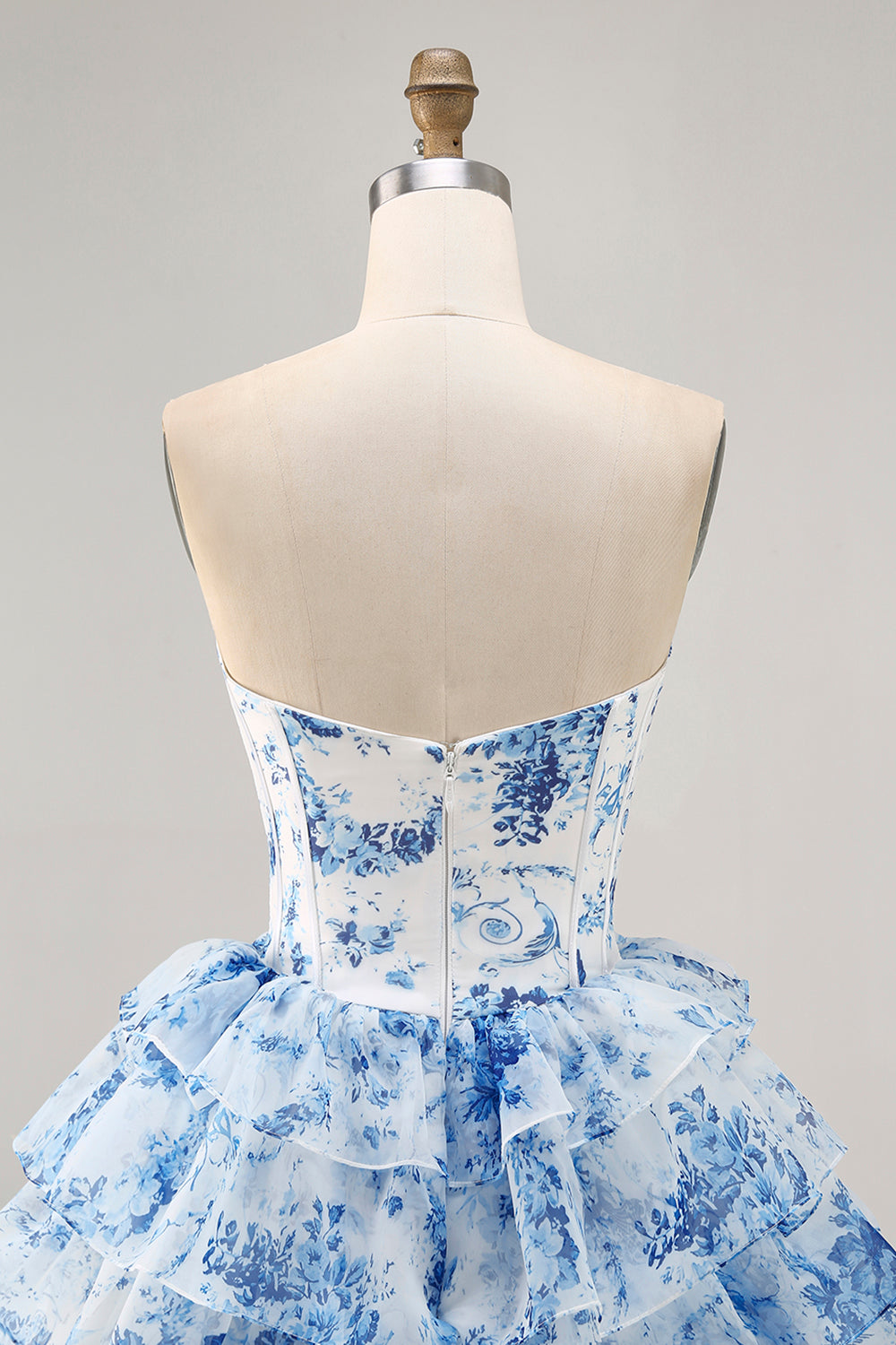 Sparkly White Blue Flower Corset A Line Short Homecoming Dress with Ruffles