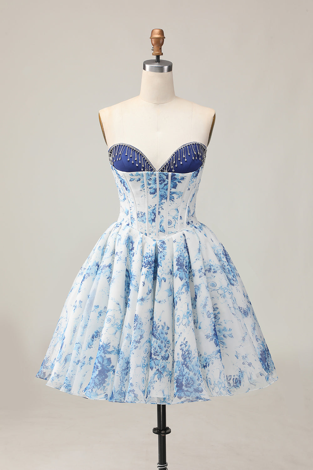 Sparkly White and Blue Floral Corset Short Homecoming Dress with Beading