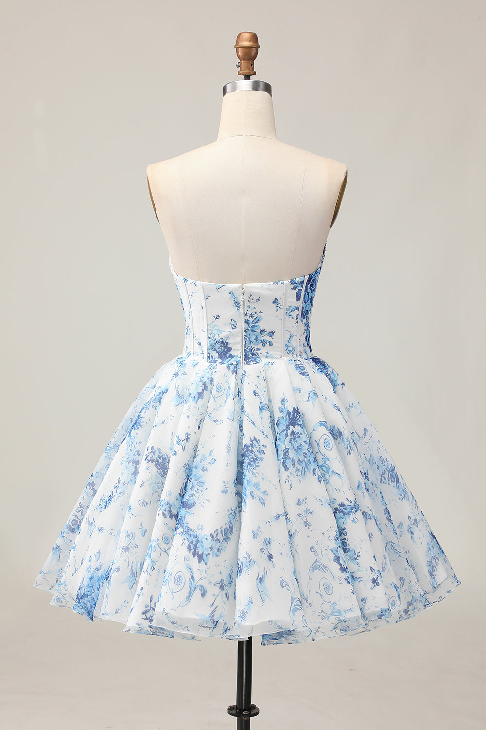 Sparkly White and Blue Floral Corset Short Homecoming Dress with Beading