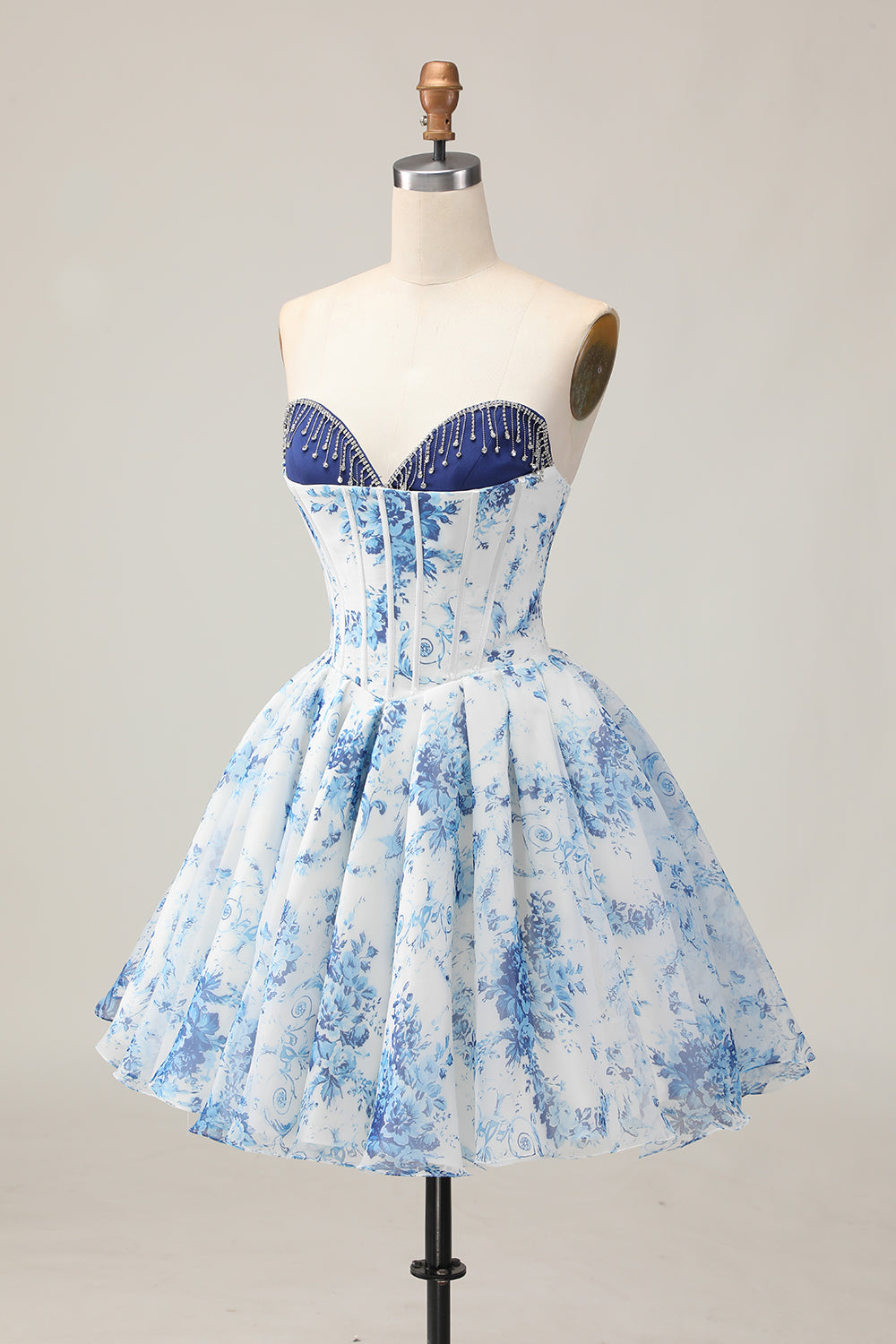 Sparkly White and Blue Floral Corset Short Homecoming Dress with Beading