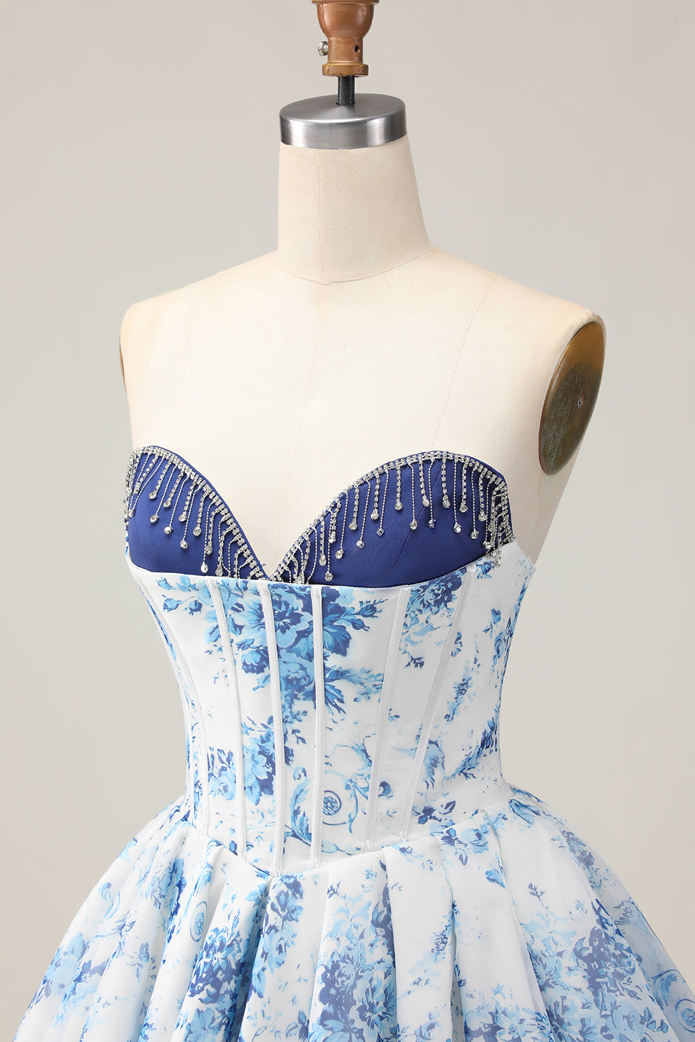 Sparkly White and Blue Floral Corset Short Homecoming Dress with Beading