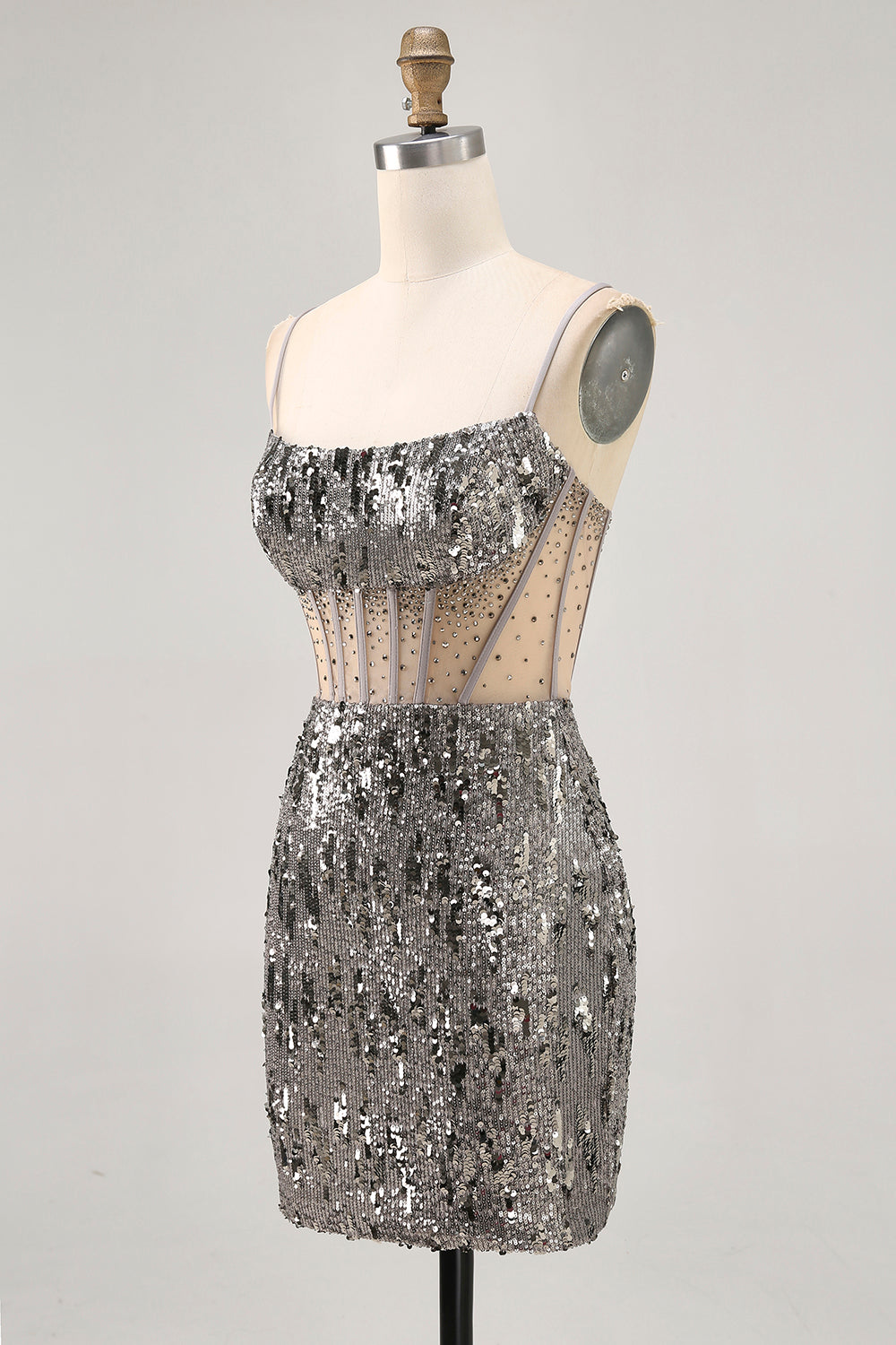 Sparkly Steel Grey Sequin Tight Short Corset Homecoming Dress