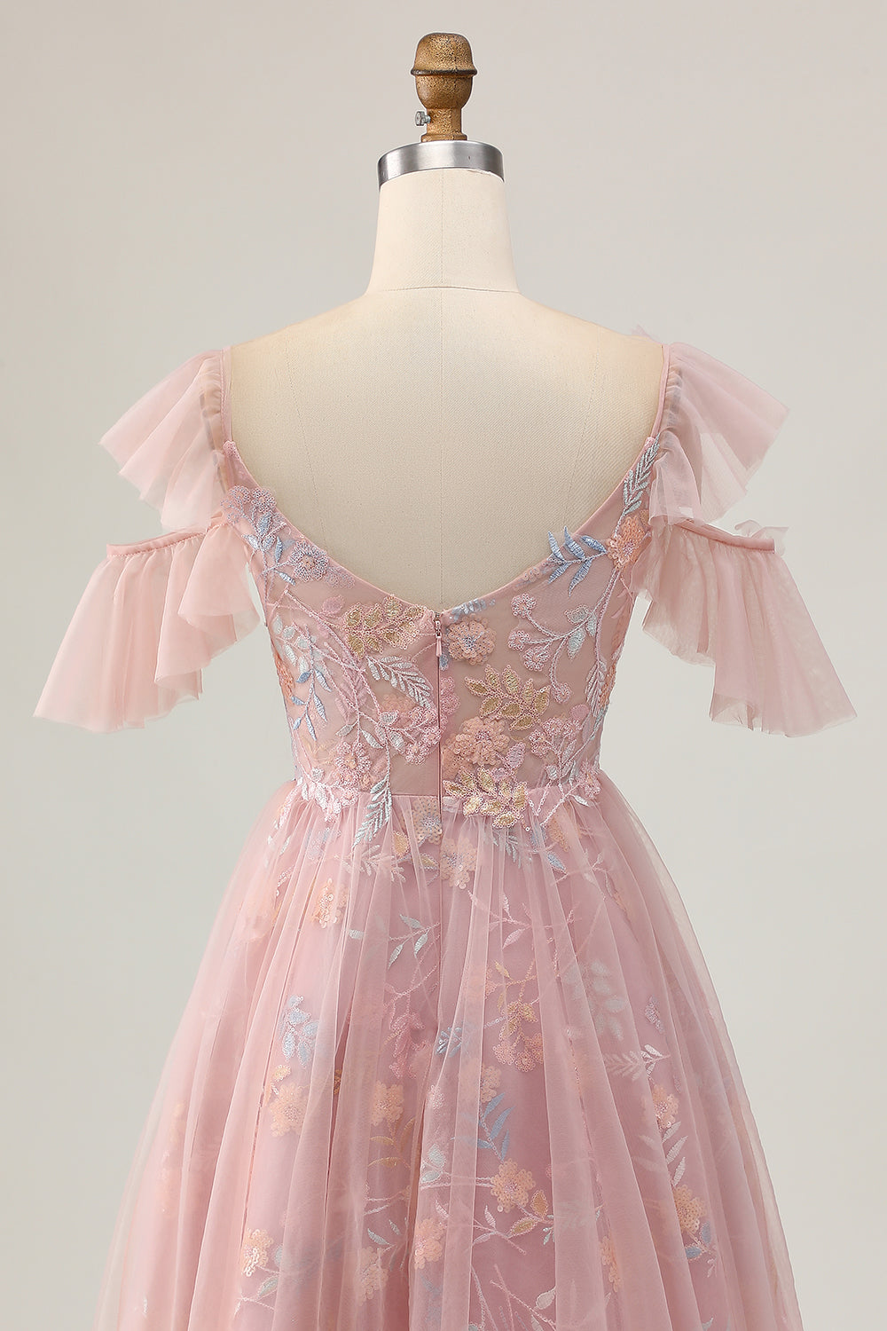 Sparkly Blush Floral Cold Shoulder Short Homecoming Dress with Ruffles