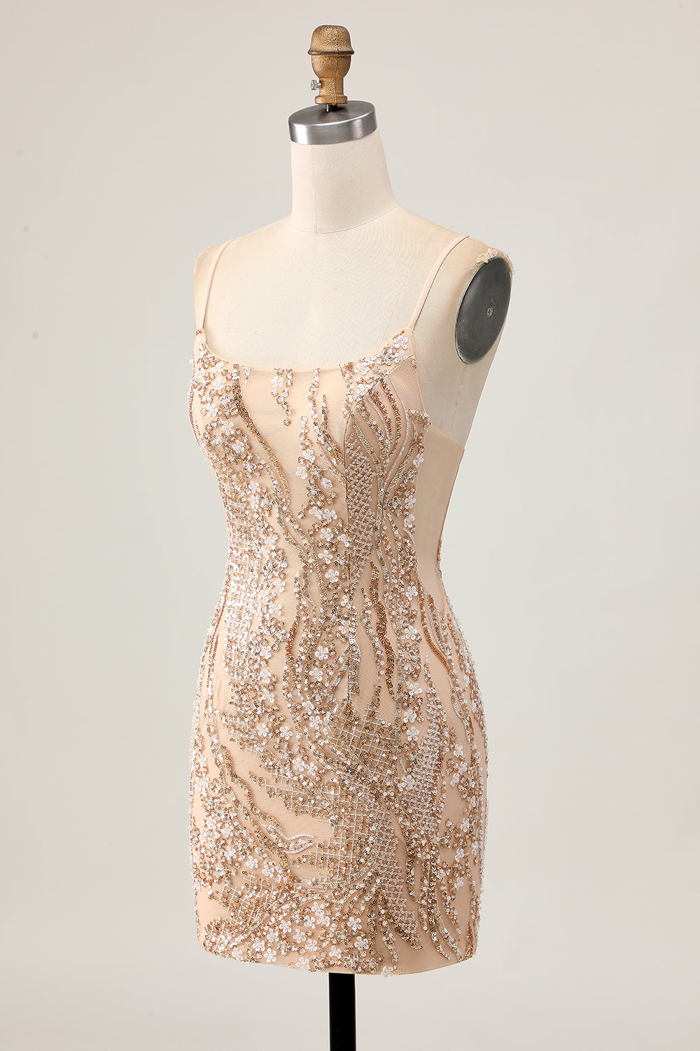 Sparkly Champagne Floral Tight Short Homecoming Dress with Beading