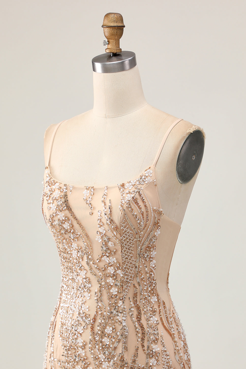 Sparkly Champagne Floral Tight Short Homecoming Dress with Beading