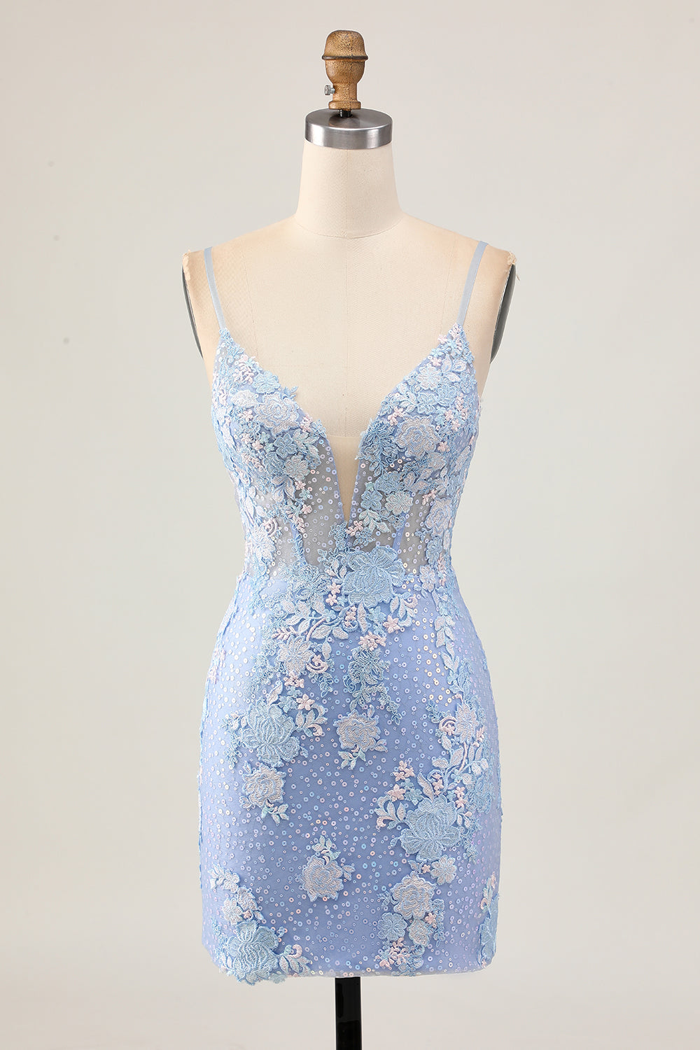 Sparkly Light Blue Floral Tight Short Corset Homecoming Dress with Appliques