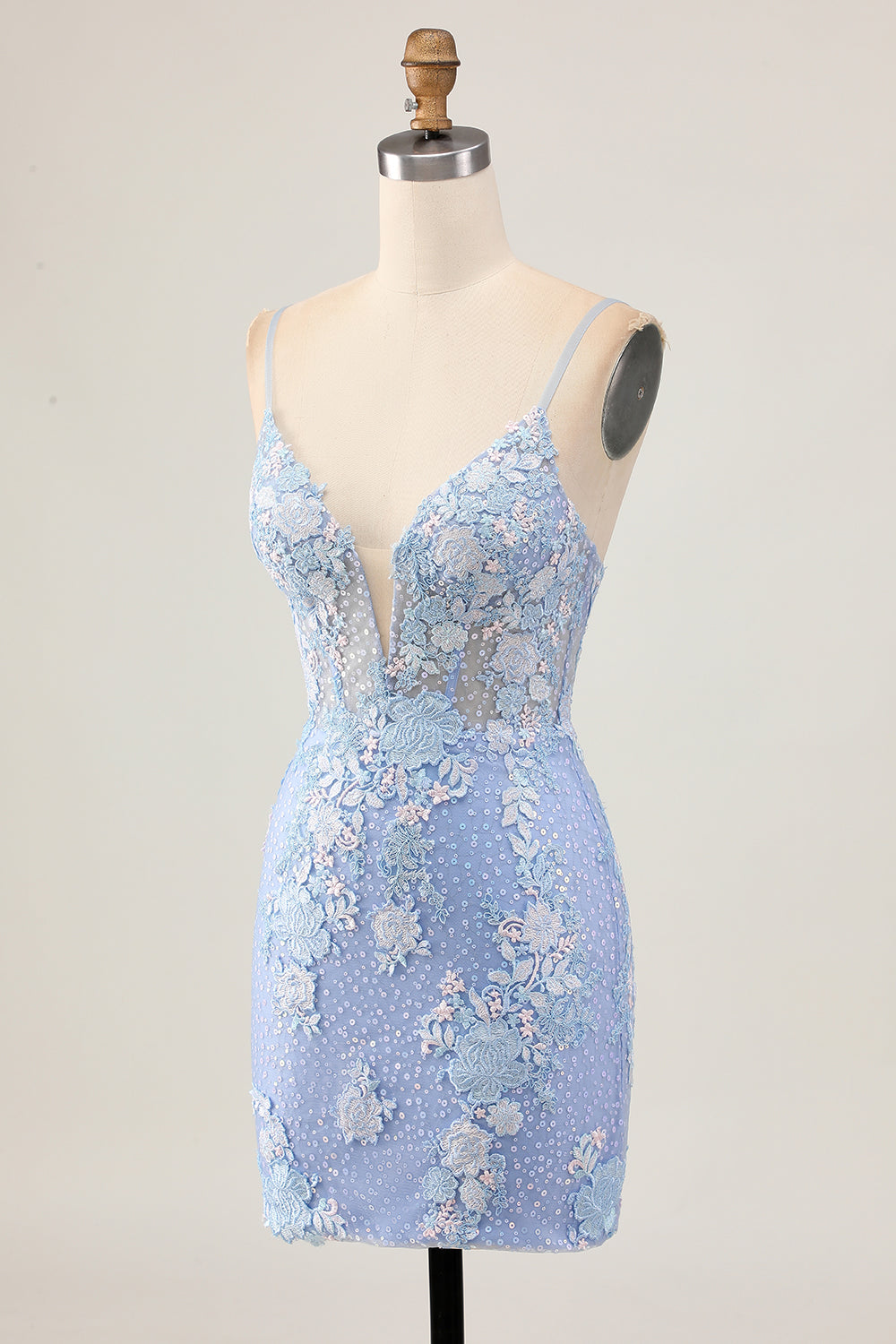 Sparkly Light Blue Floral Tight Short Corset Homecoming Dress with Appliques