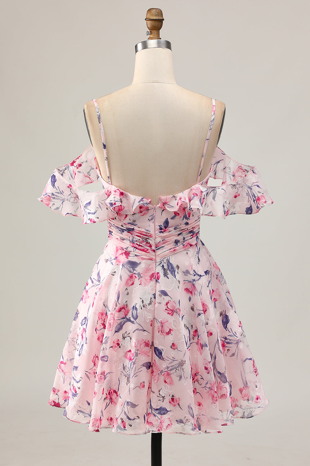 Pink Floral Chiffon Ruched Short Homecoming Dress with Ruffles