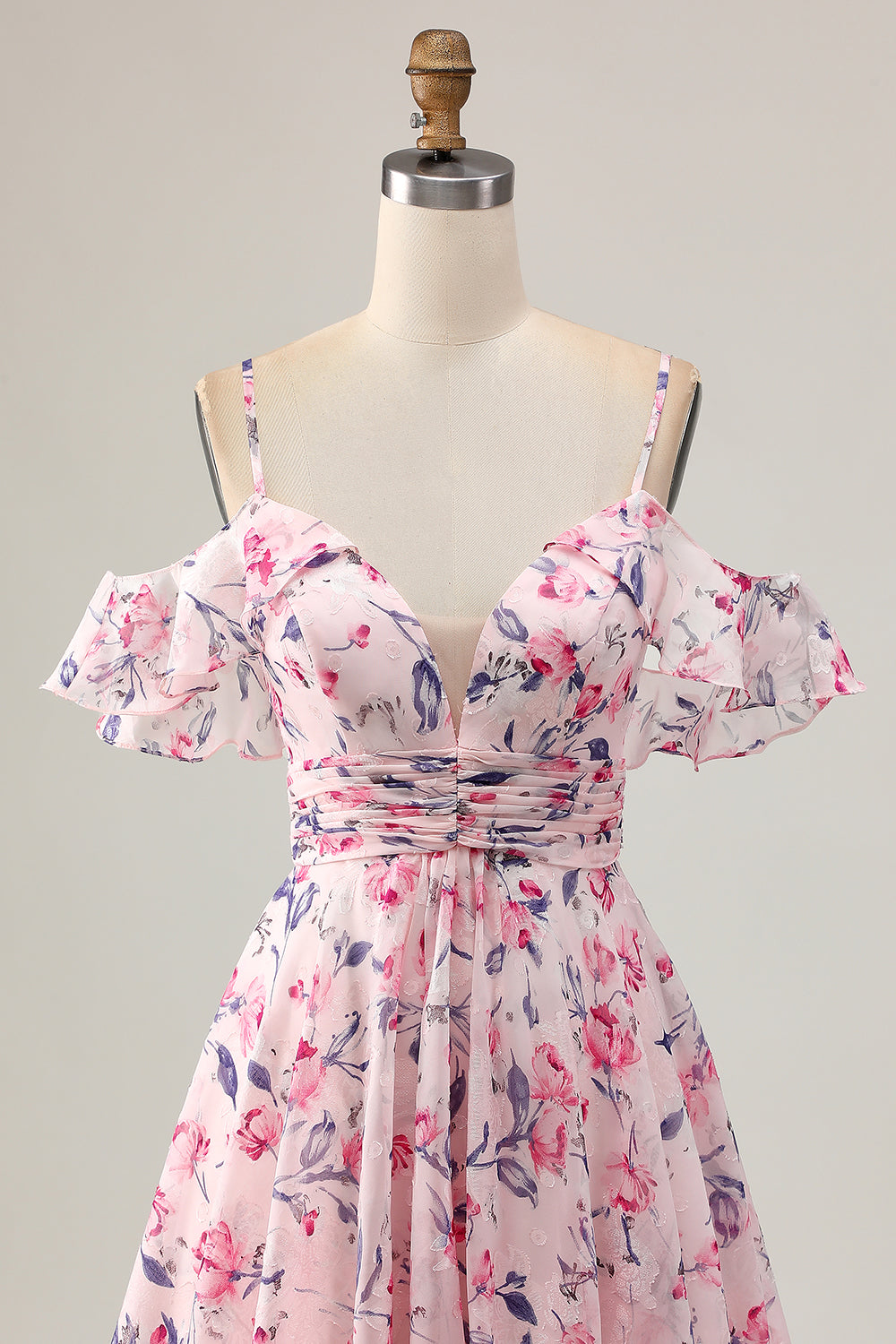 Pink Floral Chiffon Ruched Short Homecoming Dress with Ruffles