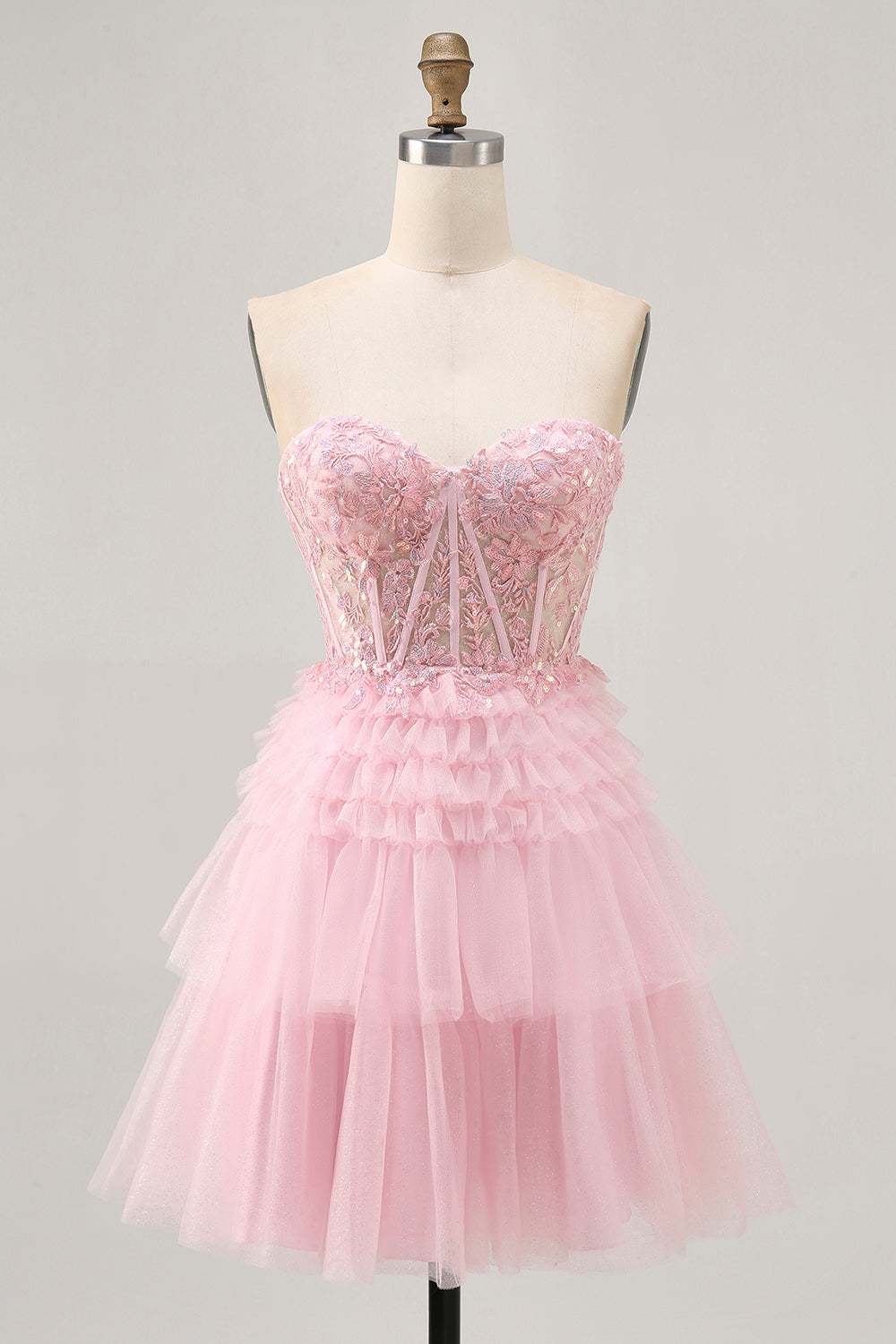 Sparkly Pink Corset Tulle Short Homecoming Dress with Lace