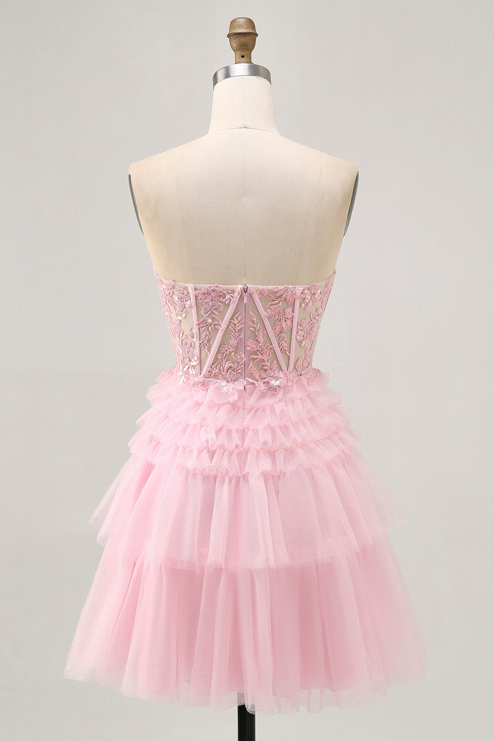 Sparkly Pink Corset Tulle Short Homecoming Dress with Lace