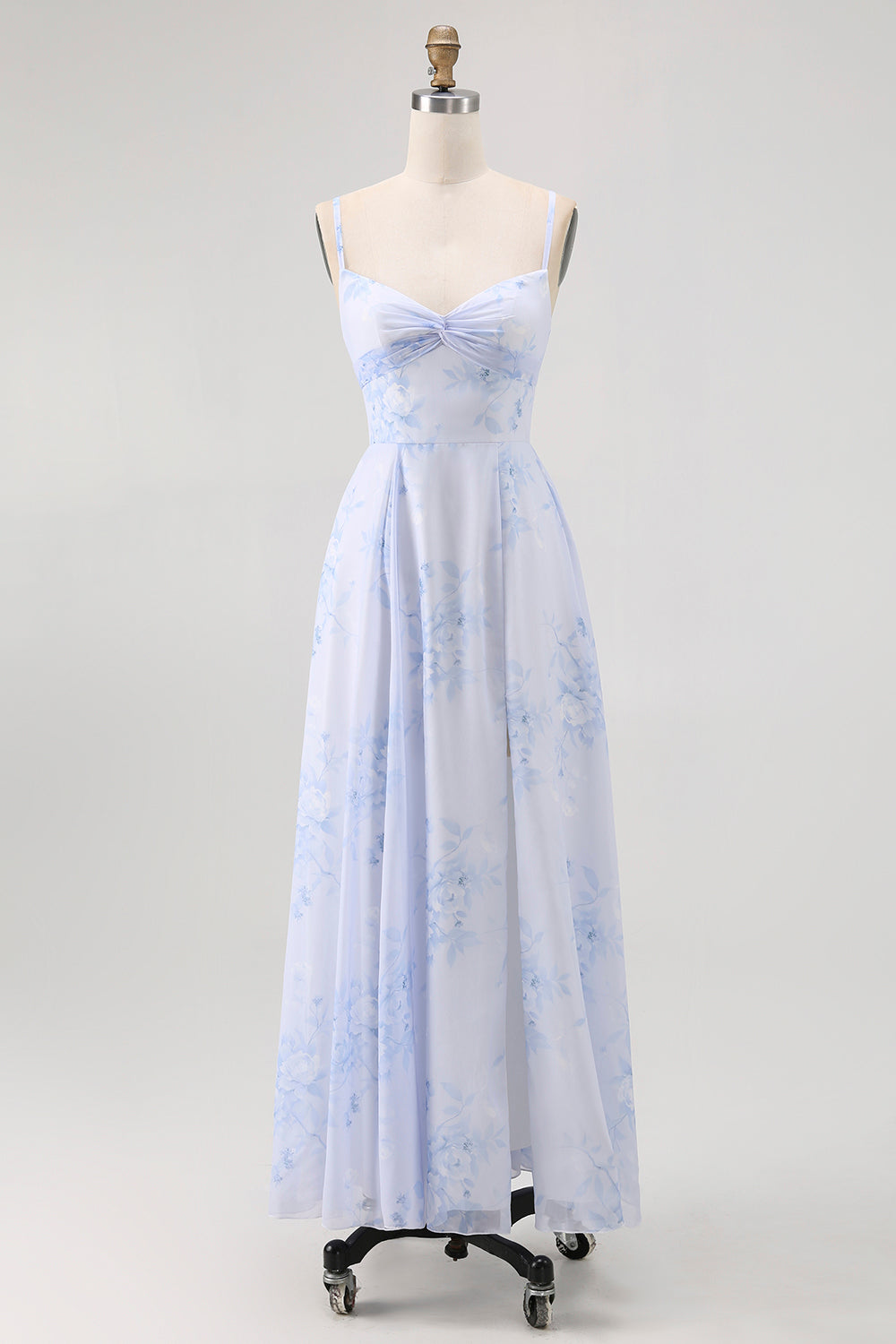 Dusty Sage Floral Spaghetti Straps Chiffon A-Line Long Wedding Guest Dress