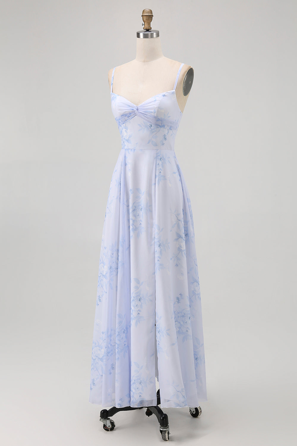 Dusty Sage Floral Spaghetti Straps Chiffon A-Line Long Wedding Guest Dress