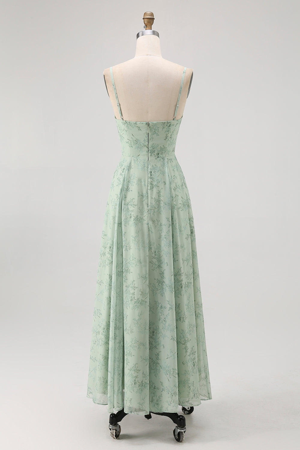 Dusty Sage Floral Spaghetti Straps Chiffon A-Line Long Wedding Guest Dress
