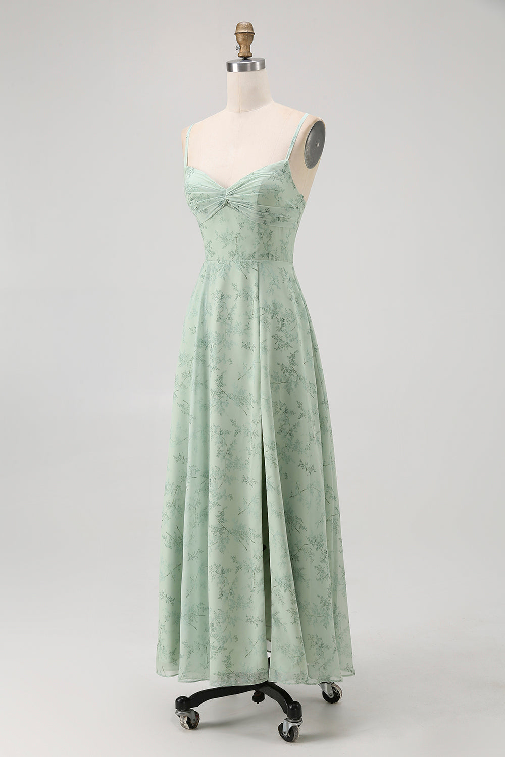 Dusty Sage Floral Spaghetti Straps Chiffon A-Line Long Wedding Guest Dress