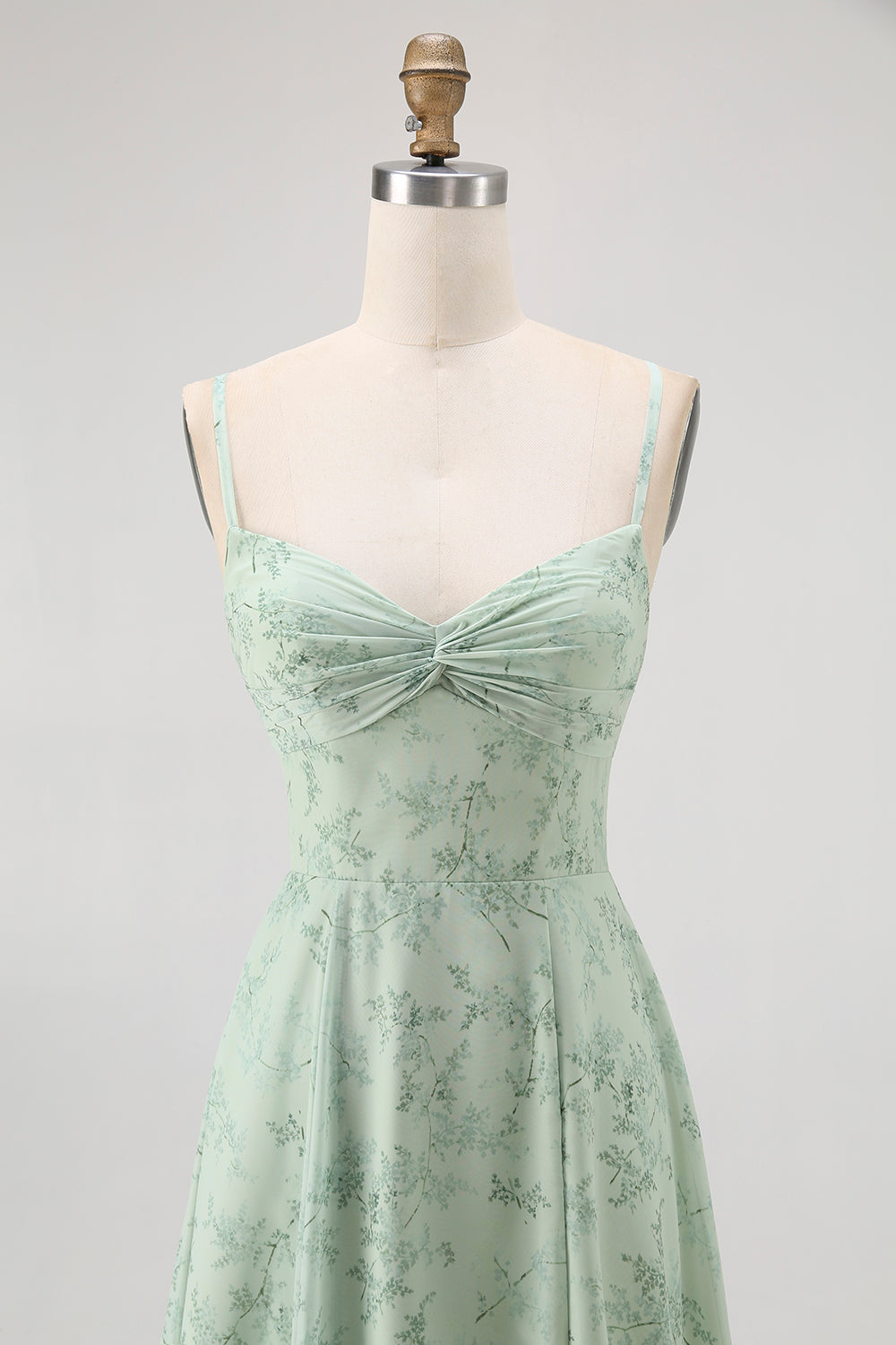 Dusty Sage Floral Spaghetti Straps Chiffon A-Line Long Wedding Guest Dress