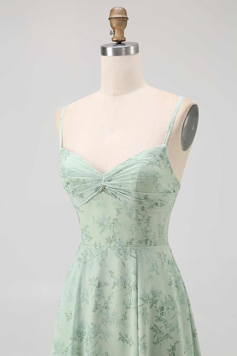 Dusty Sage Floral Spaghetti Straps Chiffon A-Line Long Wedding Guest Dress