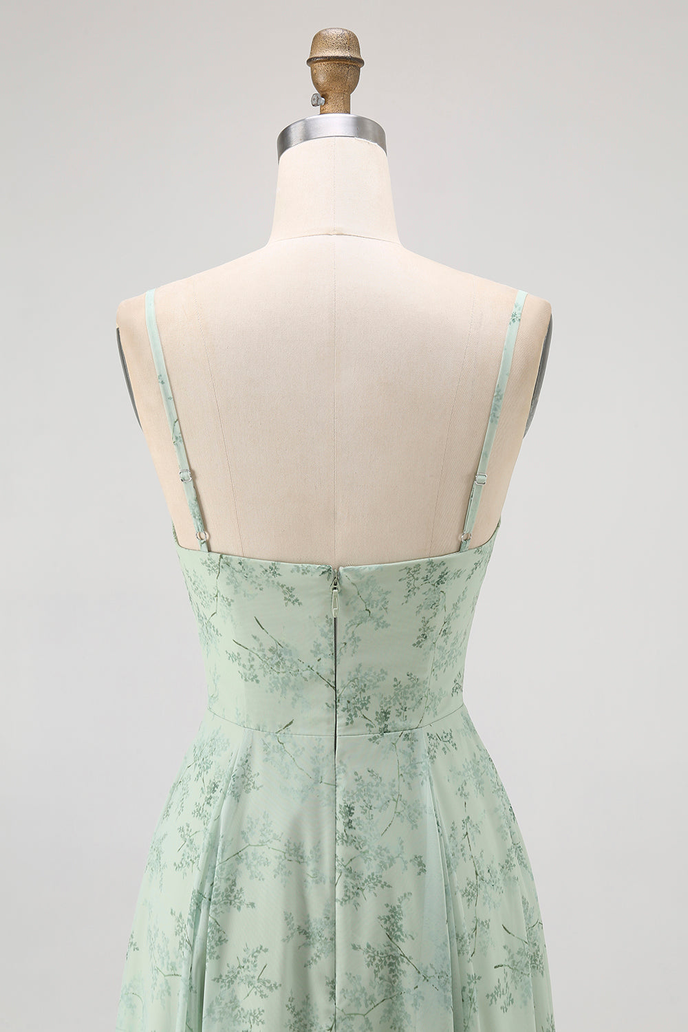 Dusty Sage Floral Spaghetti Straps Chiffon A-Line Long Wedding Guest Dress