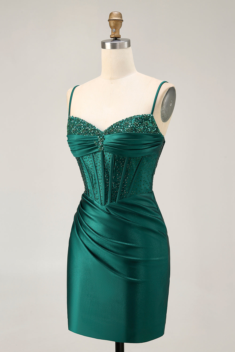 Sparkly Dark Green Corset Tight Short Satin Homecoming Dress with Beading