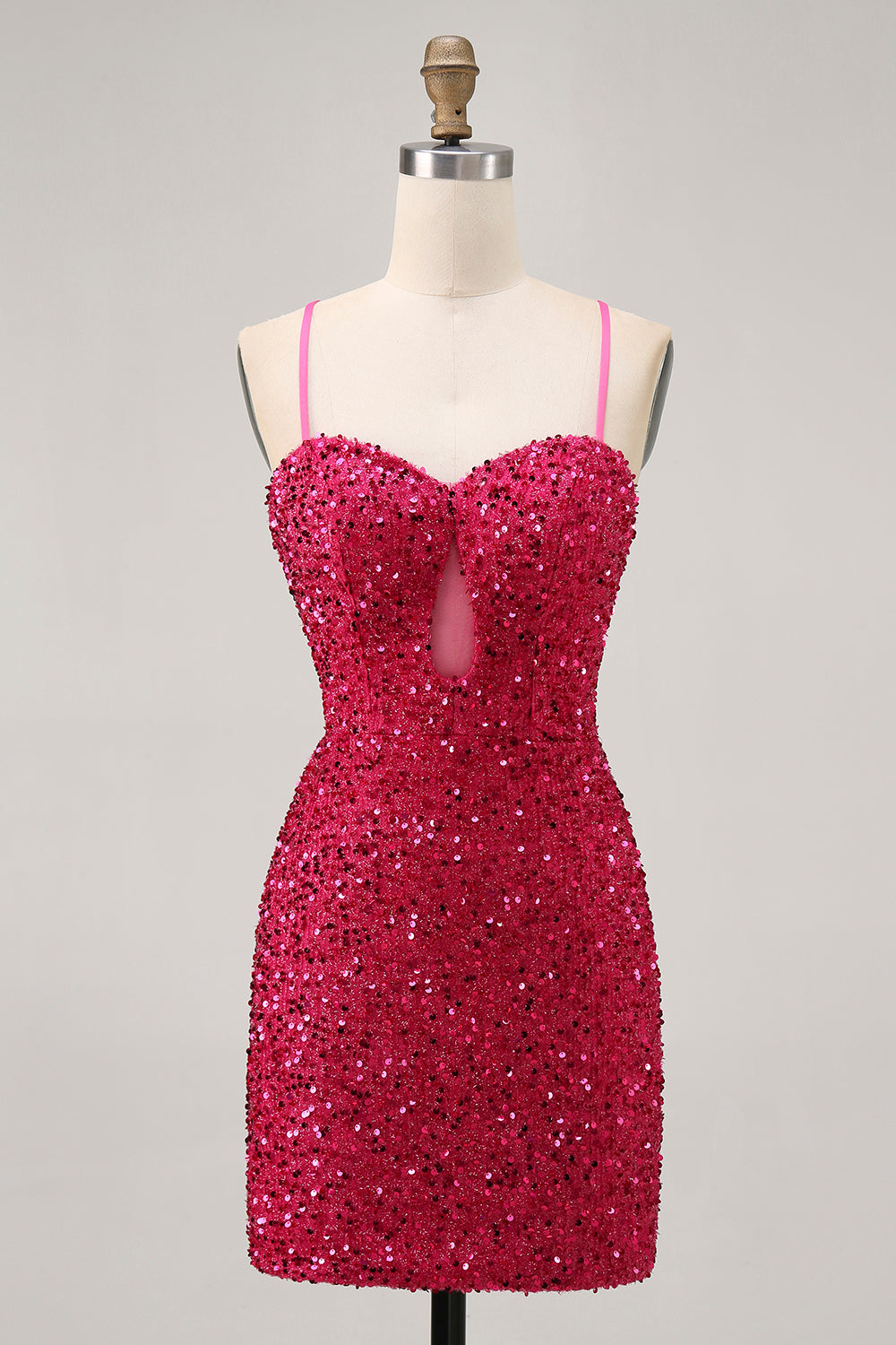 Sparkly Fuchsia Sequin Tight Spaghetti Straps Short Homecoming Dress