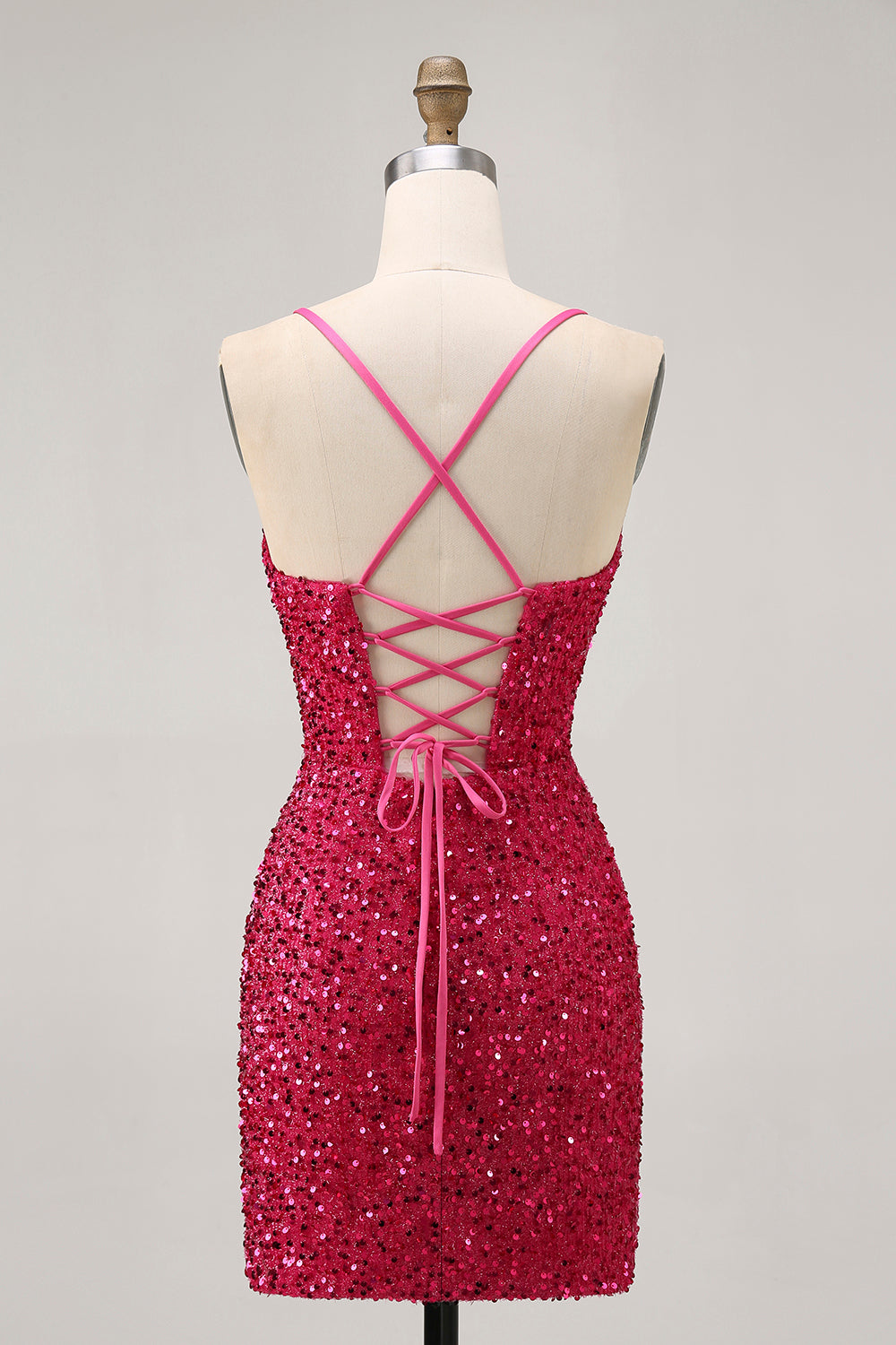 Sparkly Fuchsia Sequin Tight Spaghetti Straps Short Homecoming Dress
