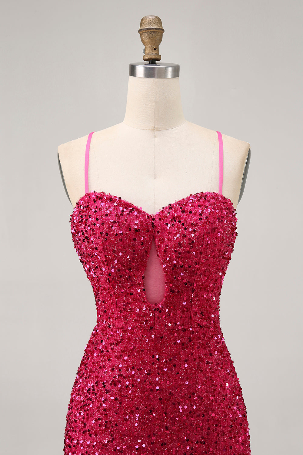 Sparkly Fuchsia Sequin Tight Spaghetti Straps Short Homecoming Dress