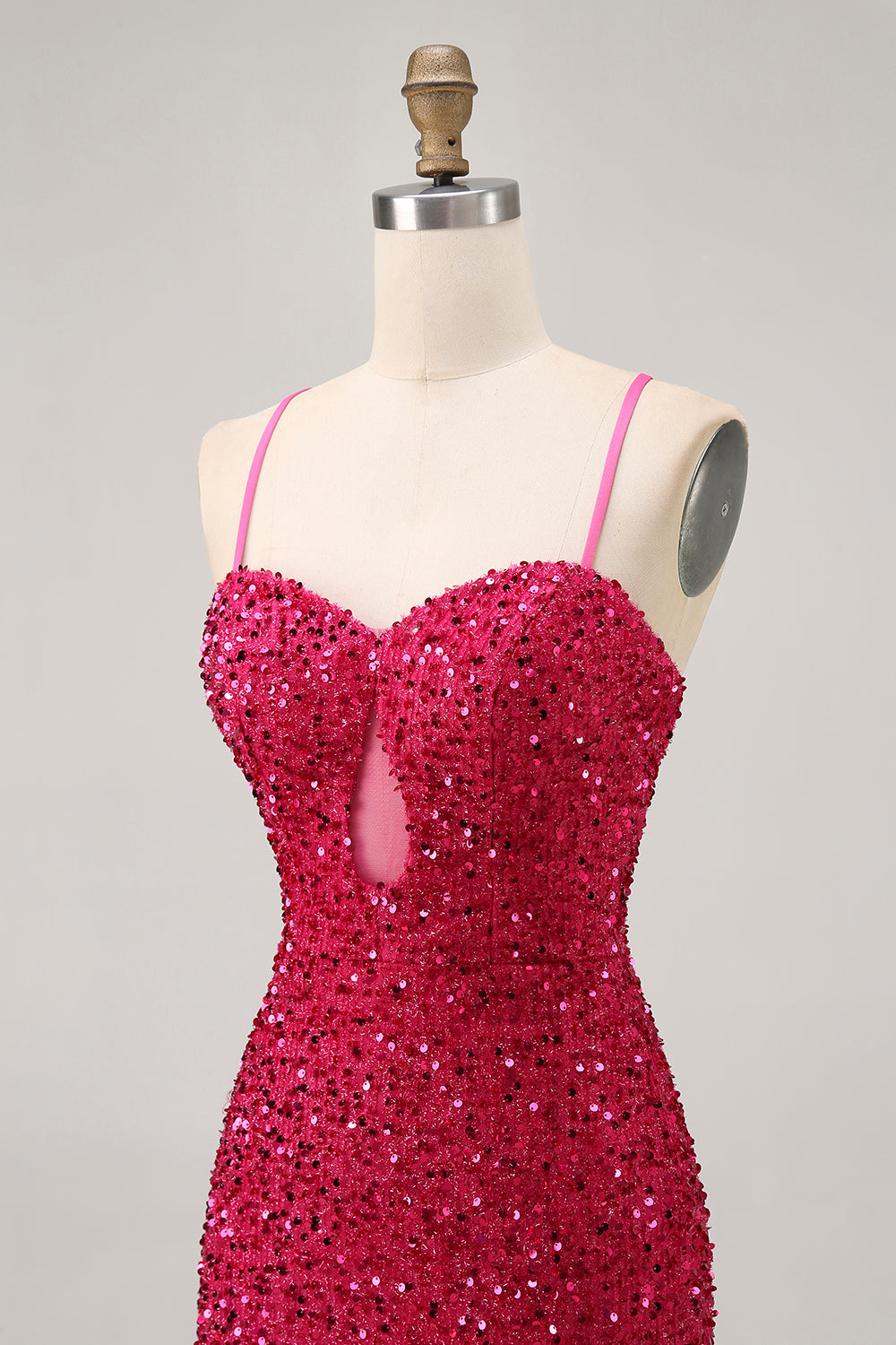 Sparkly Fuchsia Sequin Tight Spaghetti Straps Short Homecoming Dress